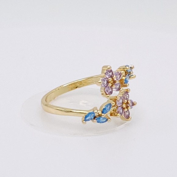 Adjustable Zircon Leaf & Flower Ring Gold Tone Purple & Blue Stones NWOT - Picture 3 of 15